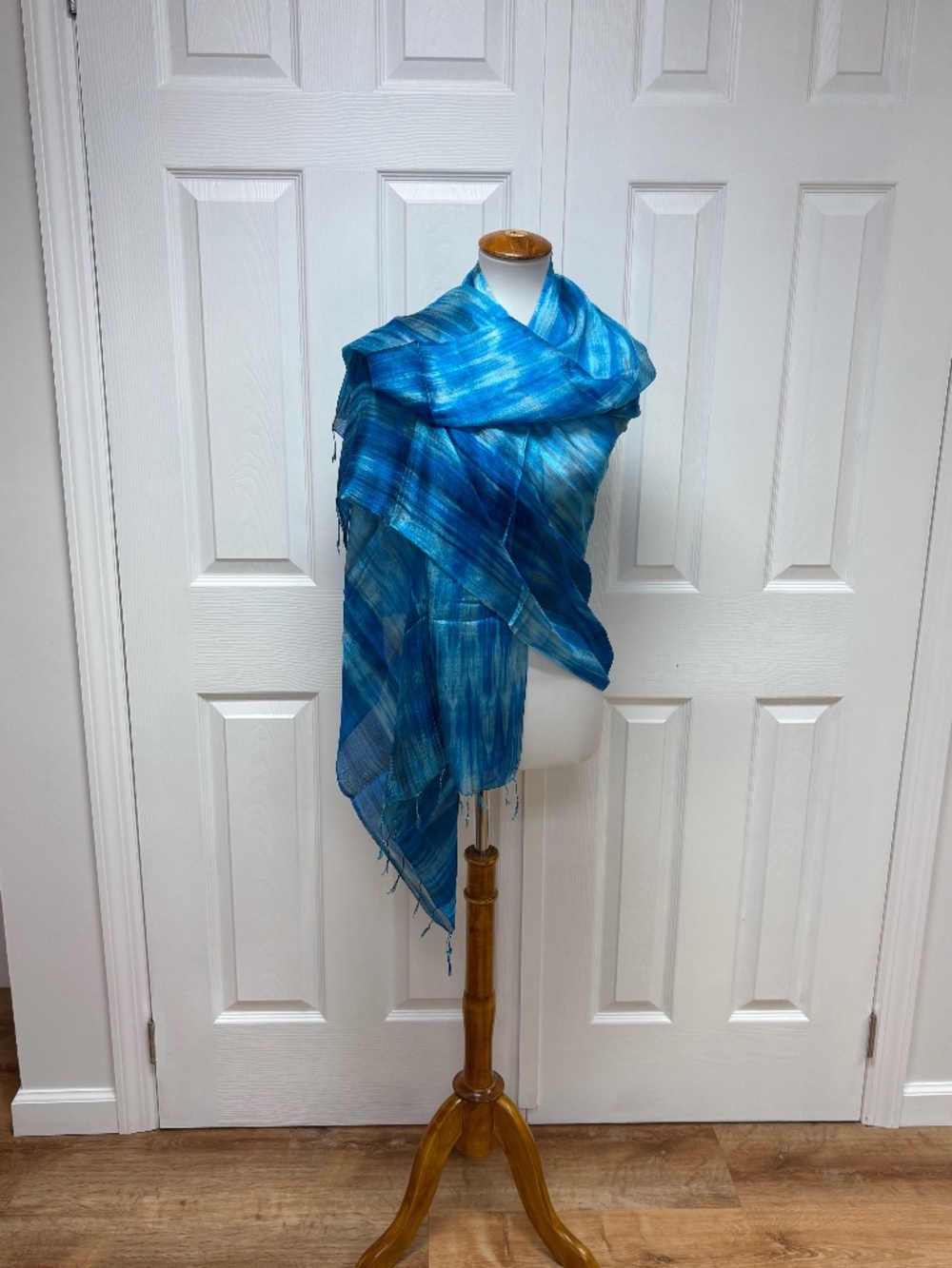 Blue Brushstroke Hand-Dyed Mulberry Silk Scarf -31" x 67" - NEW In Bag.